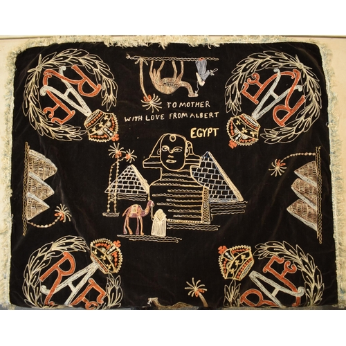 253 - Interesting World War 2 (WW2) embroidered rug 'To Mother With Love From Albert Egypt' with RAF logos... 
