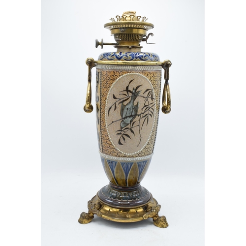 149 - Doulton Lambeth Florence Barlow stoneware oil lamp base with brass tri-leg stand in the form of hoof... 
