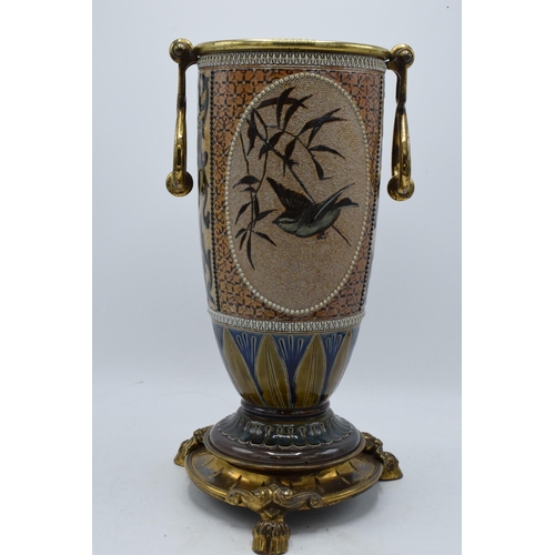 149 - Doulton Lambeth Florence Barlow stoneware oil lamp base with brass tri-leg stand in the form of hoof... 