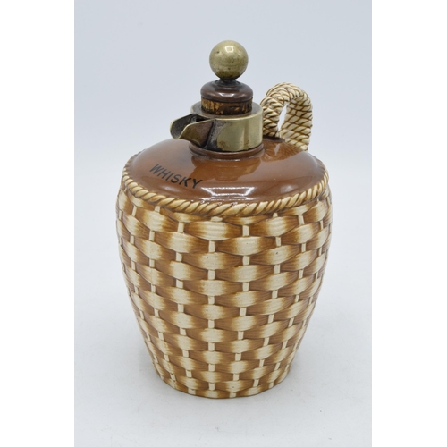 60B - Taylor Tunnicliffe and Co realistically modelled wicker basket whisky flagon with metal mounts and f... 