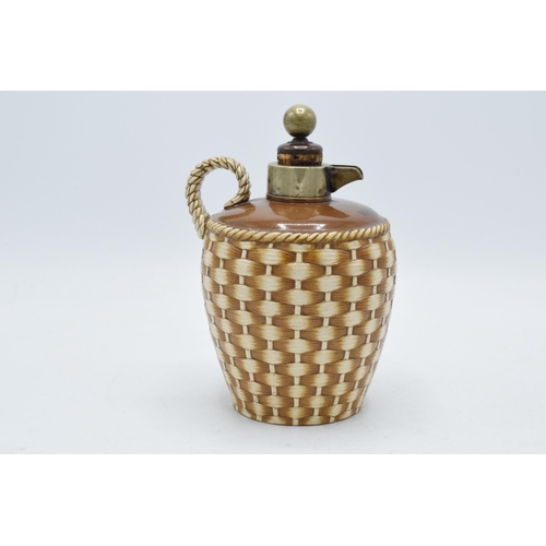 60B - Taylor Tunnicliffe and Co realistically modelled wicker basket whisky flagon with metal mounts and f... 