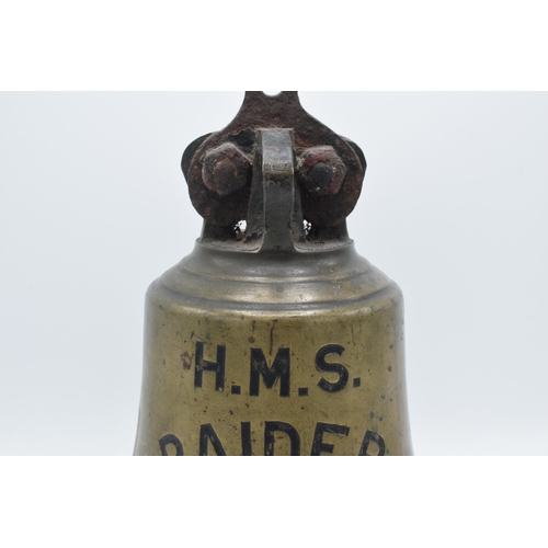 248 - World War One original brass ship's bell 'H.M.S. Raider 1916' with clanger. 32cm tall, 26cm wide.

L... 