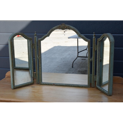 276 - A vintage early to mid 20th century heavy triple folding mirror with painted blue tones, 50cm tall.