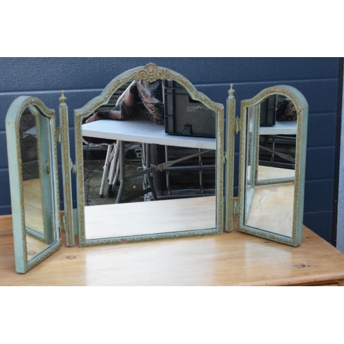 276 - A vintage early to mid 20th century heavy triple folding mirror with painted blue tones, 50cm tall.