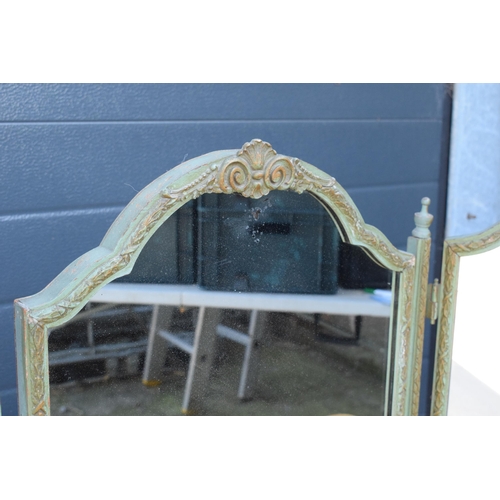 276 - A vintage early to mid 20th century heavy triple folding mirror with painted blue tones, 50cm tall.