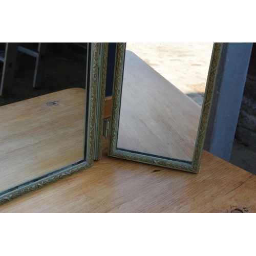 276 - A vintage early to mid 20th century heavy triple folding mirror with painted blue tones, 50cm tall.