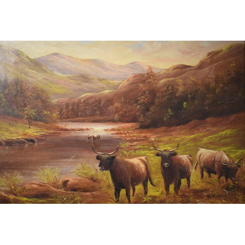 278 - Early 20th century oil on canvas in gilt frame depicting Highland cattle in a mountainous scene, pro... 