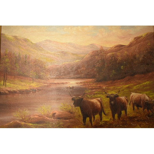 278 - Early 20th century oil on canvas in gilt frame depicting Highland cattle in a mountainous scene, pro... 