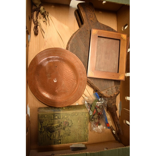 304 - A collection of items to include an inlaid photoframe, heavy copper plaques, parasol and a set of be... 