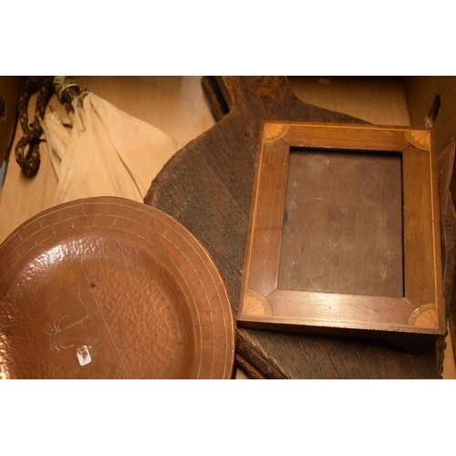 304 - A collection of items to include an inlaid photoframe, heavy copper plaques, parasol and a set of be... 