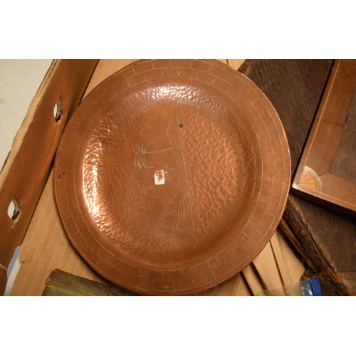 304 - A collection of items to include an inlaid photoframe, heavy copper plaques, parasol and a set of be... 