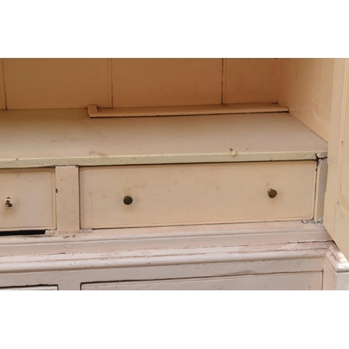 362 - 19th century painted breakfront housekeepers cupboard with brass handles and effects with a central ... 