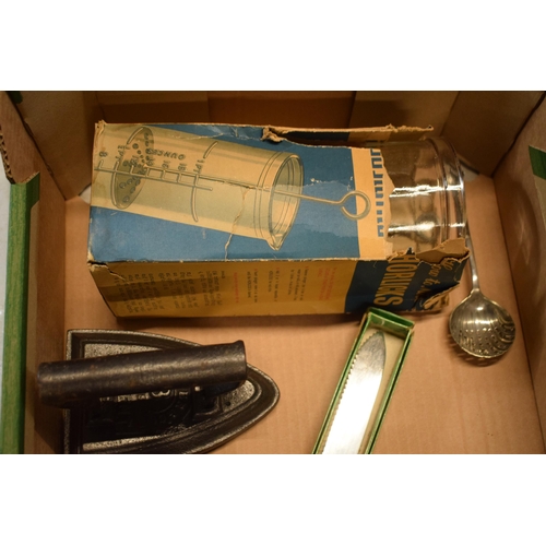 4 - A mixed collection of items to include heavy cast metal irons, Horlicks Mixer and others (Qty).