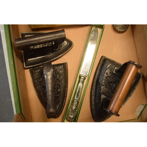 4 - A mixed collection of items to include heavy cast metal irons, Horlicks Mixer and others (Qty).