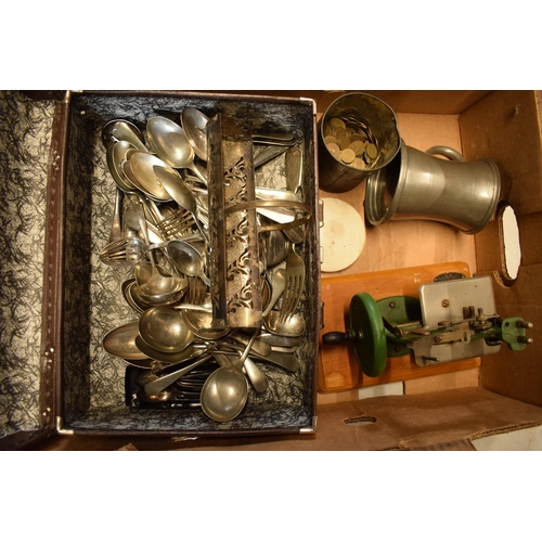 6 - A mixed collection of metalware to include pewter tankard, plated cutlery and a small Grain sewing m... 