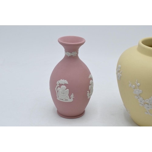 80 - A trio of Wedgwood Jasperware to include yellow prunus vase together with pink Jasperware heart-shap... 