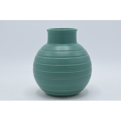 99 - Wedgwood Keith Murray green glazed ribbed globular baluster vase, 16cm tall. Printed marks to base.