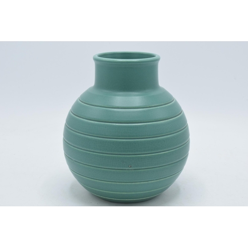 99 - Wedgwood Keith Murray green glazed ribbed globular baluster vase, 16cm tall. Printed marks to base.