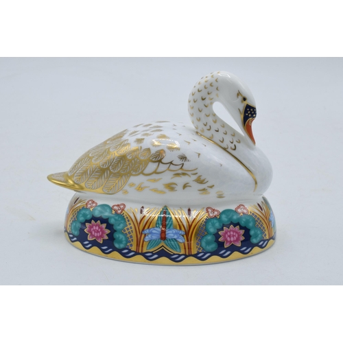 183 - Royal Crown Derby paperweight White Swan, first quality with gold stopper.