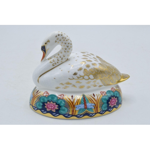 183 - Royal Crown Derby paperweight White Swan, first quality with gold stopper.