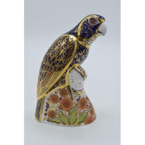 Royal Crown Derby paperweight, Bronze Winged Parrot, 18cm, gold stopper and red Royal Crown Derby stamp on the base.