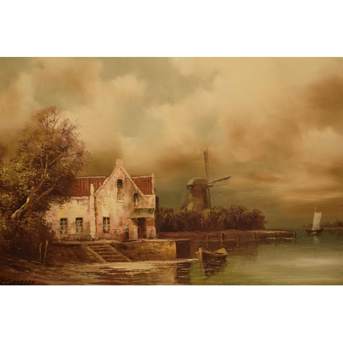 318 - Gilt framed Dutch windmill scene oil on canvas signed by I Costello, 88 x 62cm inc frame.