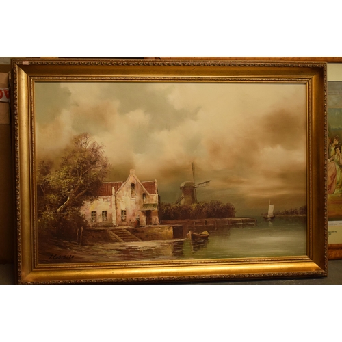 318 - Gilt framed Dutch windmill scene oil on canvas signed by I Costello, 88 x 62cm inc frame.