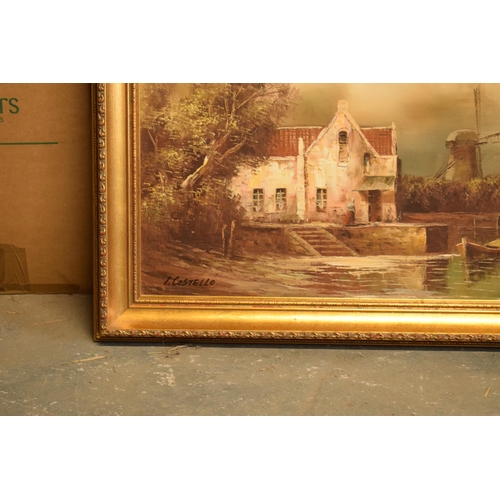 318 - Gilt framed Dutch windmill scene oil on canvas signed by I Costello, 88 x 62cm inc frame.