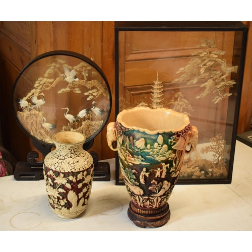 319 - A pair of oriental carved cork dioramas in ebonised frames together with resin soapstone-effect vase... 