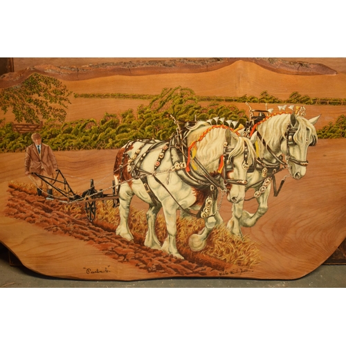 320 - An unusual painted wooden slab / thick plank depicting a countryside scene of horses ploughing, sign... 