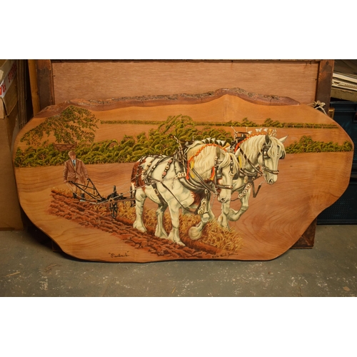 320 - An unusual painted wooden slab / thick plank depicting a countryside scene of horses ploughing, sign... 