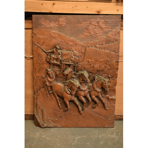 321 - Resin copper-style embossed plaque of a coaching scene, 70 x 51cm.