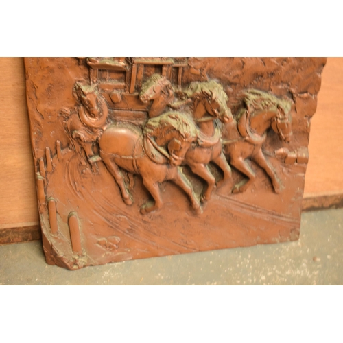 321 - Resin copper-style embossed plaque of a coaching scene, 70 x 51cm.