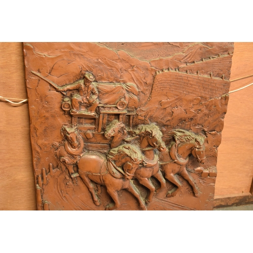 321 - Resin copper-style embossed plaque of a coaching scene, 70 x 51cm.