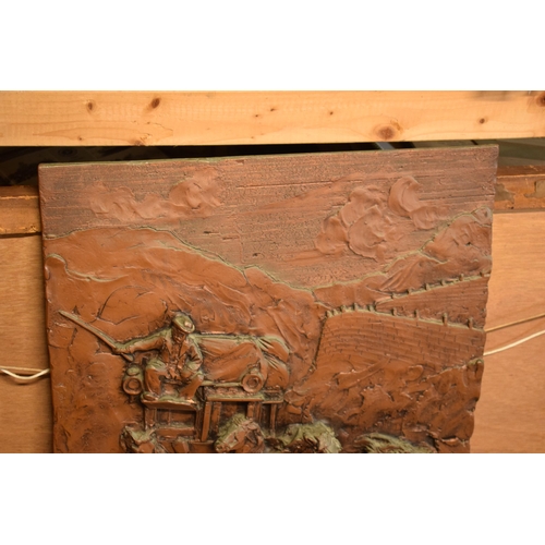 321 - Resin copper-style embossed plaque of a coaching scene, 70 x 51cm.