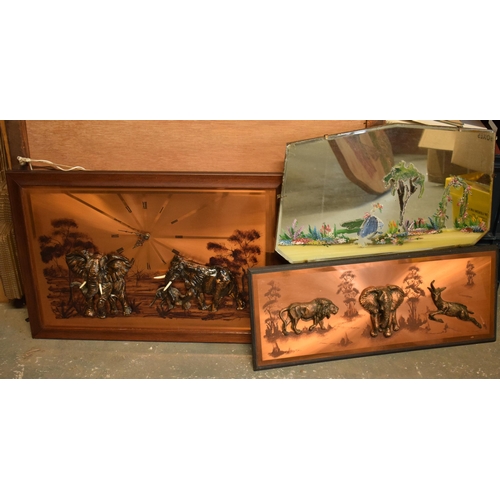 322 - A pair of engraved copper plates of African elephant scenes, one with clock, together with a painted... 