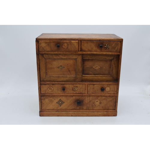 323 - Early 20th century apprentice chest of drawers with satinwood inlay with drawers and sliding doors, ... 