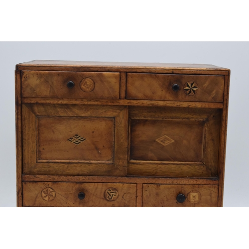 323 - Early 20th century apprentice chest of drawers with satinwood inlay with drawers and sliding doors, ... 