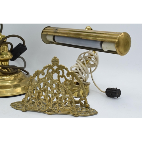 325 - A brass bankers lamp with green glass shade together with a similar brass example and a letter rack ... 