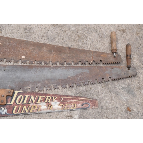 335 - A trio of vintage wooden and metal saws to include two two-man saws and small painted example (3), l... 