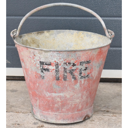 345 - Vintage metal fire bucket with swing-over handle painted red with 'FIRE' in black, 28cm tall with ha... 