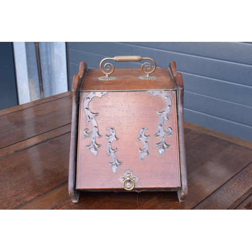 347 - 19th / early 20th century wooden coal scuttle with brass handle and Art-Nouveau style design, 38cm t... 