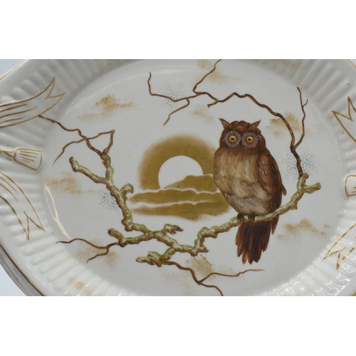 35A - Franz Ant Mehlem serving platter decorated with a gilt owl scene, 32cm wide (chip to rear).