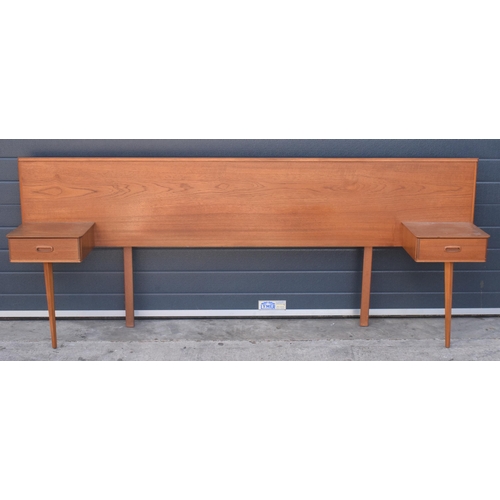 366 - Austinsuite mid century furniture double headboard flanked by bedside drawer / shelf. 232cm wide, 39... 