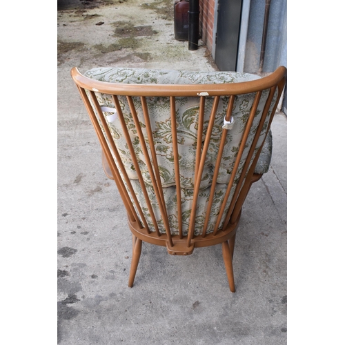 372 - Ercol spoon book mid century chair with upholstered seat, back and arm rests, 114cm tall.