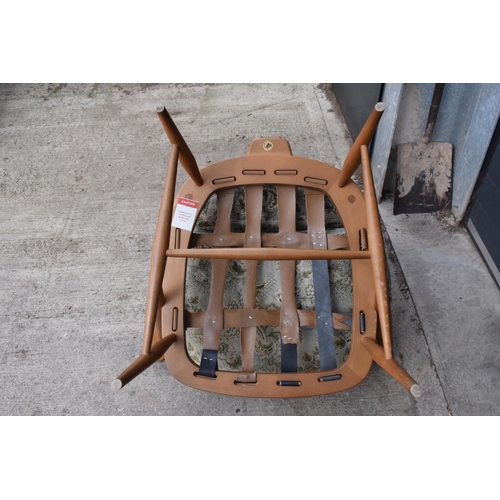 372 - Ercol spoon book mid century chair with upholstered seat, back and arm rests, 114cm tall.