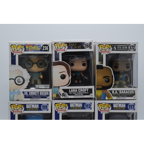 389 - Boxed Funko Pop figures to include The A-Team No.372, Lara Croft 168, Back to the Future 236 and Bat... 