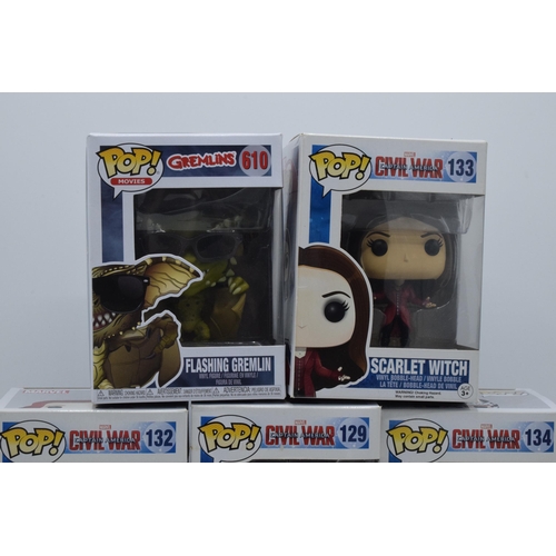 390 - Boxed Funko Pop figures to include Gremlins 610 Flashing Gremlin and Captain America Civil War 133 S... 