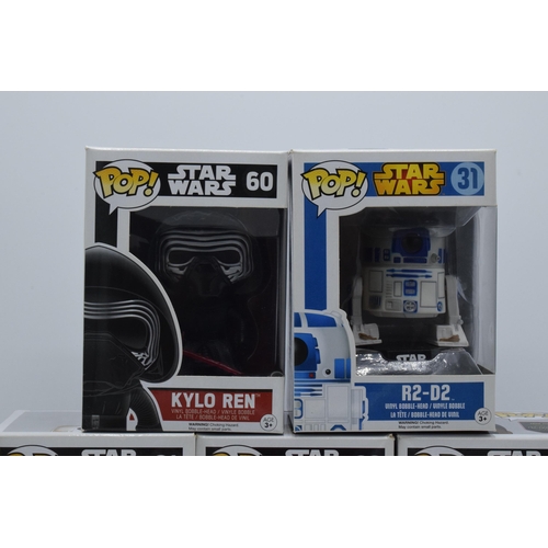 392 - Boxed Funko Pop figures to include 60 Kylo Ren, 31 R2-D2, 61 BB-8, 86 Han Solo Snow Gear and 76 Finn... 