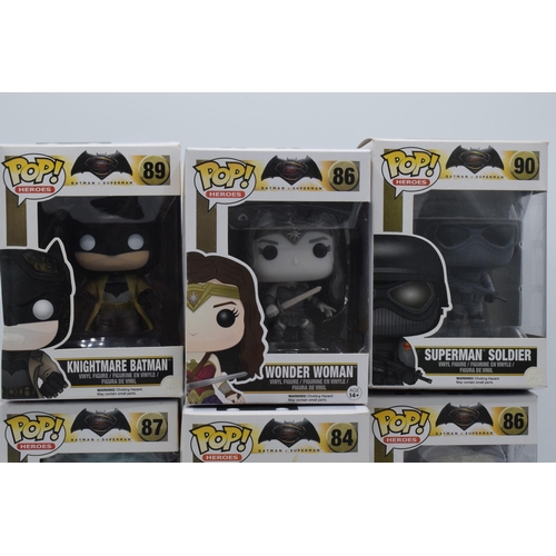 393 - Boxed Funko Pop figures to include Batman V Superman 89 Knightmare Batman, 86 Wonder Woman, 90 Super... 